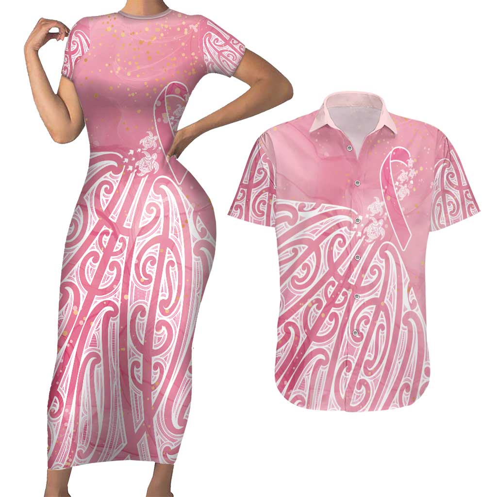 Breast Cancer Awareness Maori Couples Matching Short Sleeve Bodycon Dress and Hawaiian Shirt Kia Kaha Kia Maia Kia Manawanui - Polynesian Pride