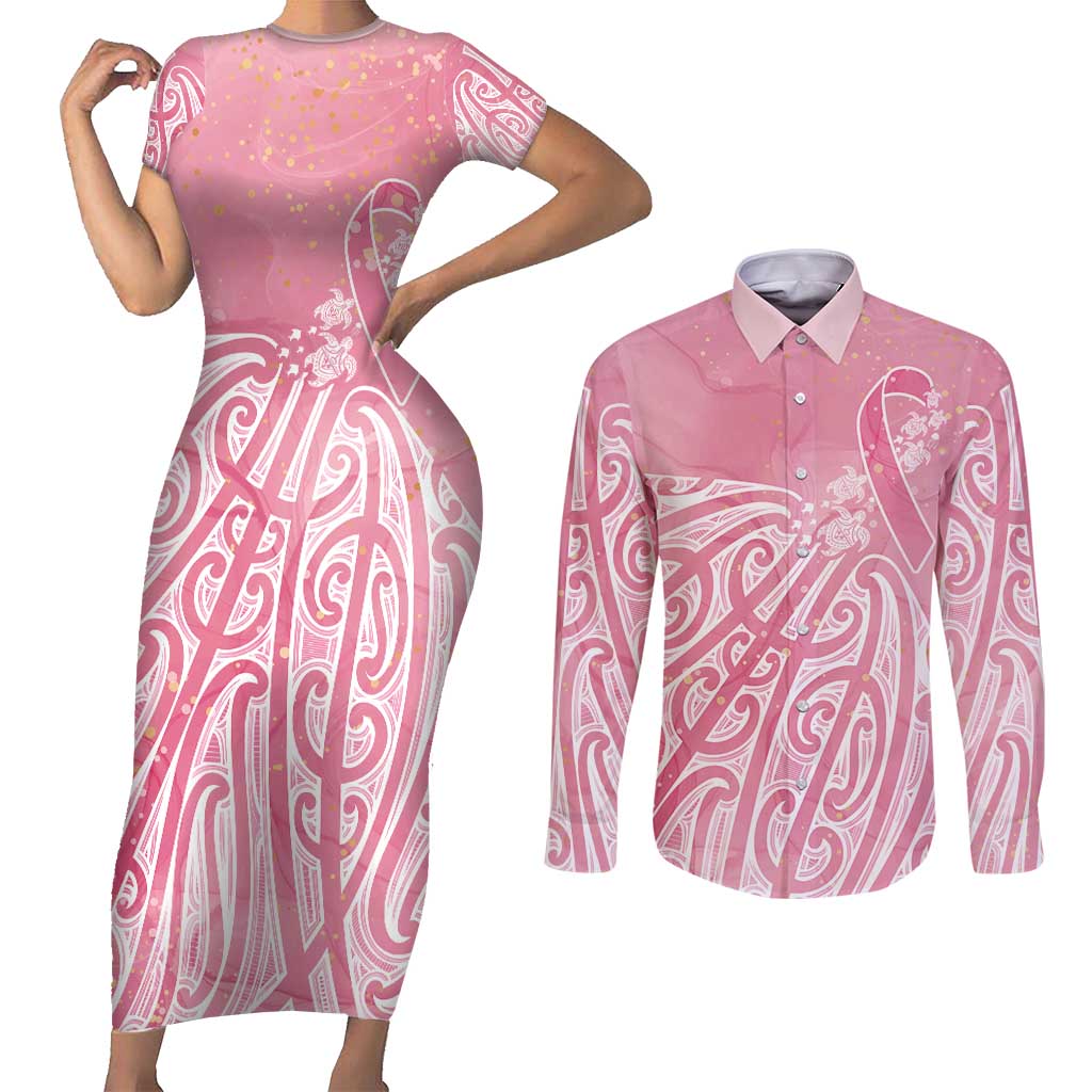 Breast Cancer Awareness Maori Couples Matching Short Sleeve Bodycon Dress and Long Sleeve Button Shirt Kia Kaha Kia Maia Kia Manawanui - Polynesian Pride