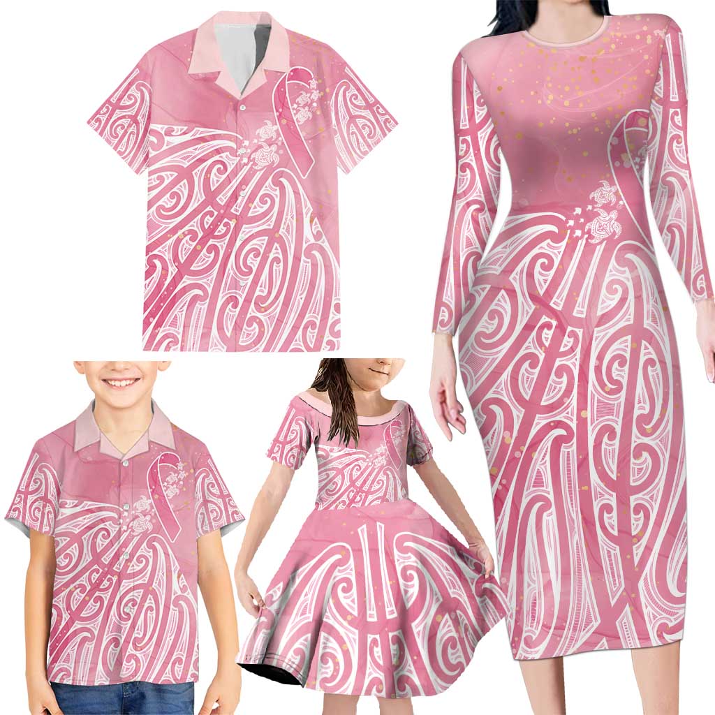 Breast Cancer Awareness Maori Family Matching Long Sleeve Bodycon Dress and Hawaiian Shirt Kia Kaha Kia Maia Kia Manawanui - Polynesian Pride