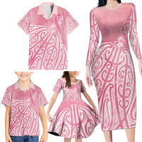 Breast Cancer Awareness Maori Family Matching Long Sleeve Bodycon Dress and Hawaiian Shirt Kia Kaha Kia Maia Kia Manawanui - Polynesian Pride