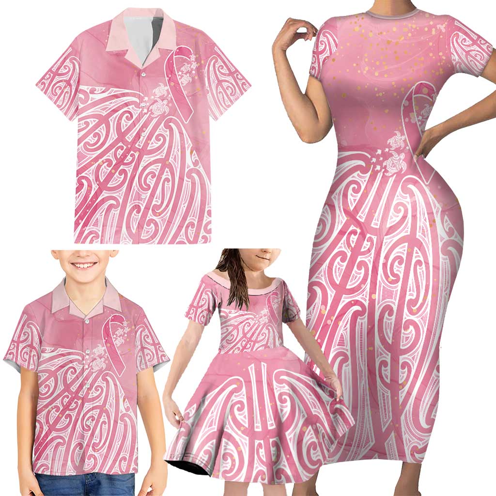 Breast Cancer Awareness Maori Family Matching Short Sleeve Bodycon Dress and Hawaiian Shirt Kia Kaha Kia Maia Kia Manawanui - Polynesian Pride