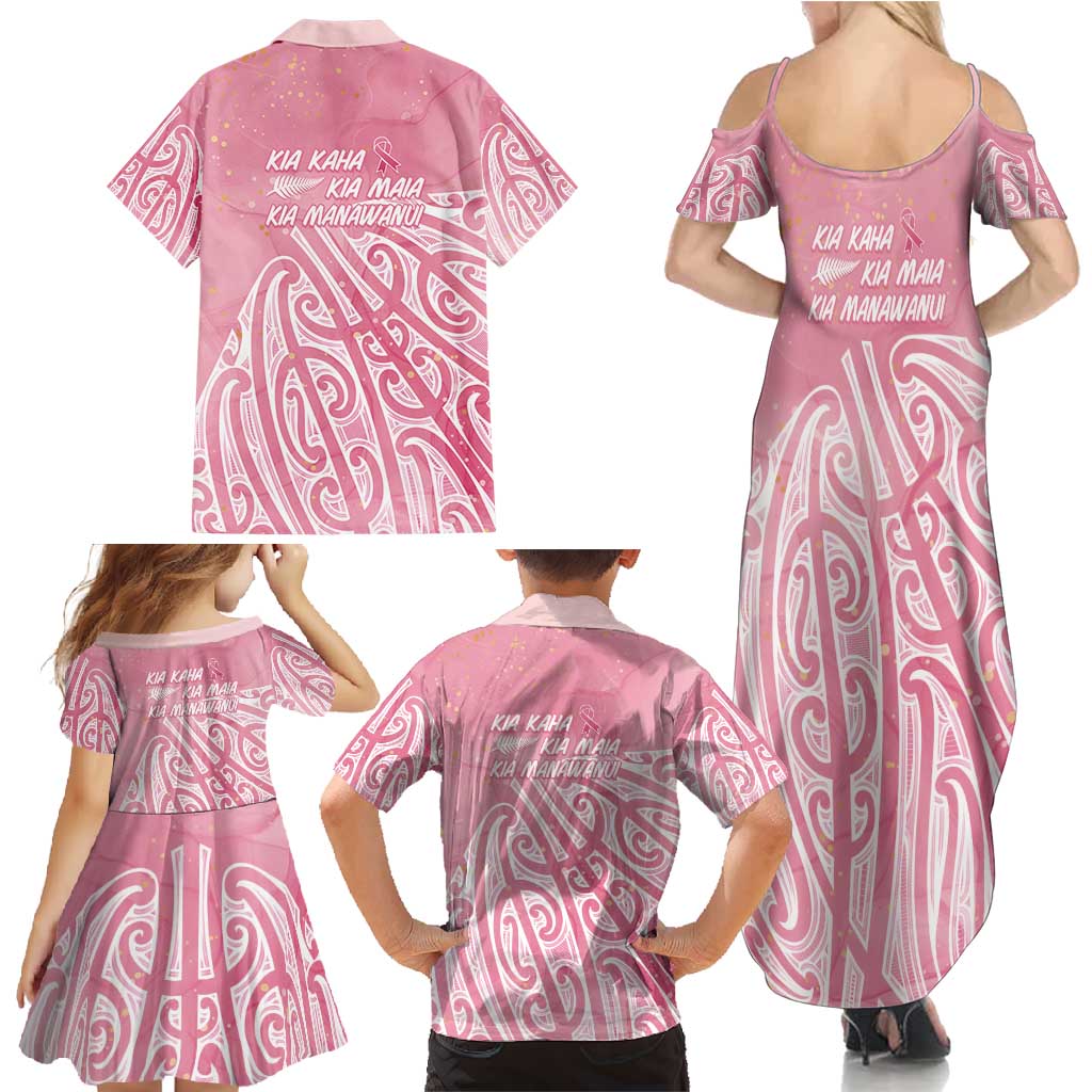 Breast Cancer Awareness Maori Family Matching Summer Maxi Dress and Hawaiian Shirt Kia Kaha Kia Maia Kia Manawanui - Polynesian Pride