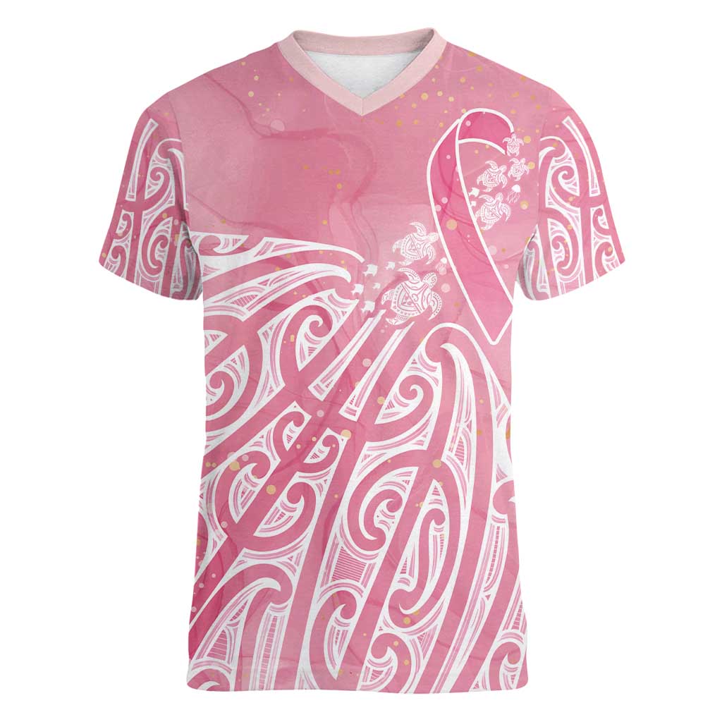 Breast Cancer Awareness Maori Women V-Neck T-Shirt Kia Kaha Kia Maia Kia Manawanui - Polynesian Pride