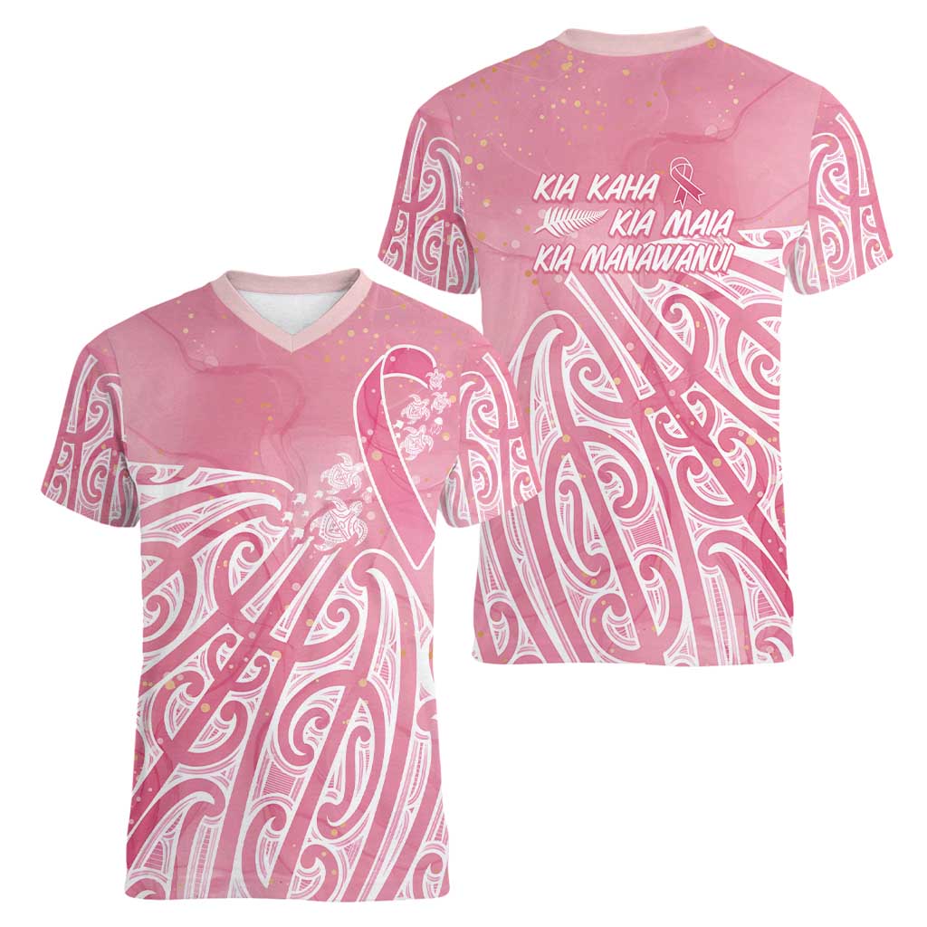 Breast Cancer Awareness Maori Women V-Neck T-Shirt Kia Kaha Kia Maia Kia Manawanui - Polynesian Pride