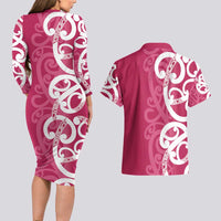 Breast Cancer Awareness Maori Couples Matching Long Sleeve Bodycon Dress and Hawaiian Shirt Koru Kowhaiwhai - Polynesian Pride