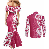 Breast Cancer Awareness Maori Couples Matching Mermaid Dress and Long Sleeve Button Shirt Koru Kowhaiwhai - Polynesian Pride