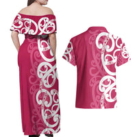 Breast Cancer Awareness Maori Couples Matching Off Shoulder Maxi Dress and Hawaiian Shirt Koru Kowhaiwhai - Polynesian Pride