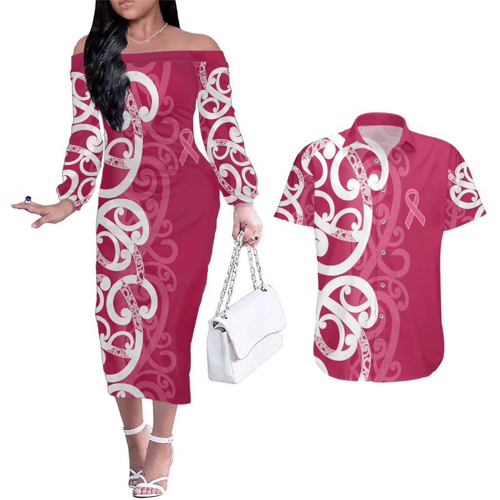 Breast Cancer Awareness Maori Couples Matching Off The Shoulder Long Sleeve Dress and Hawaiian Shirt Koru Kowhaiwhai - Polynesian Pride