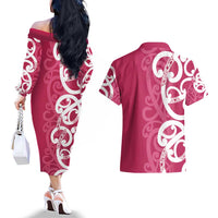 Breast Cancer Awareness Maori Couples Matching Off The Shoulder Long Sleeve Dress and Hawaiian Shirt Koru Kowhaiwhai - Polynesian Pride