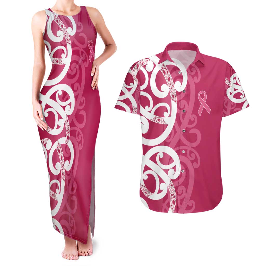 Breast Cancer Awareness Maori Couples Matching Tank Maxi Dress and Hawaiian Shirt Koru Kowhaiwhai - Polynesian Pride