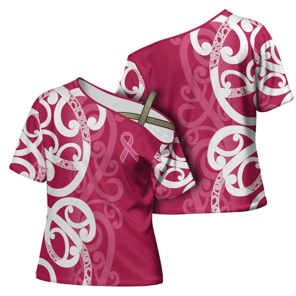 Breast Cancer Awareness Maori Cross Shoulder Shirt Koru Kowhaiwhai - Polynesian Pride