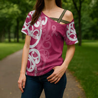 Breast Cancer Awareness Maori Cross Shoulder Shirt Koru Kowhaiwhai - Polynesian Pride