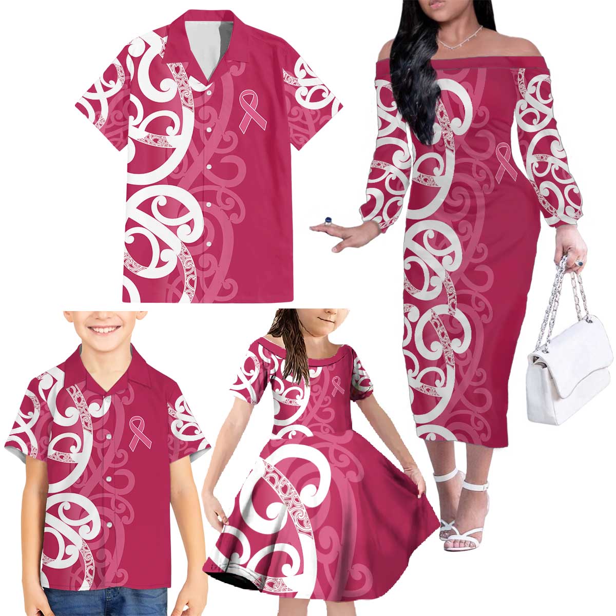 Breast Cancer Awareness Maori Family Matching Off The Shoulder Long Sleeve Dress and Hawaiian Shirt Koru Kowhaiwhai - Polynesian Pride