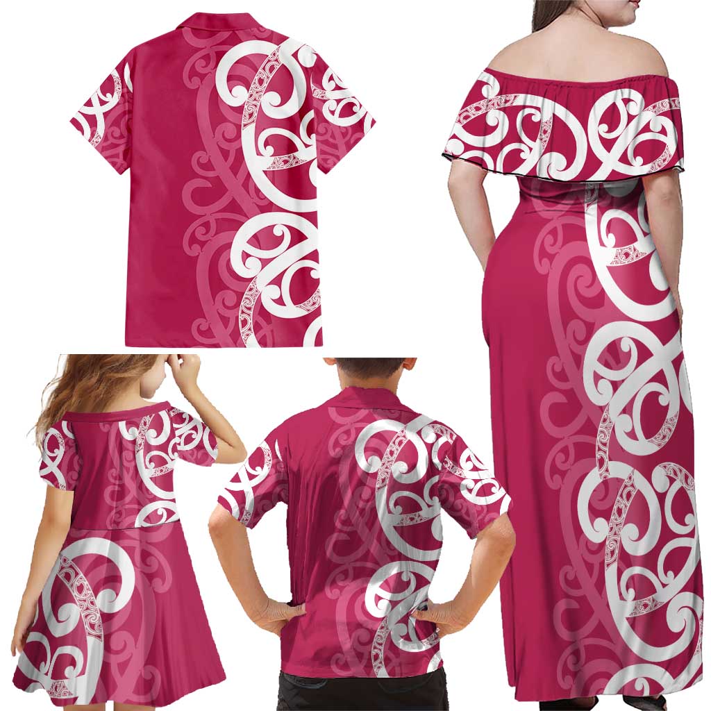 Breast Cancer Awareness Maori Family Matching Off Shoulder Maxi Dress and Hawaiian Shirt Koru Kowhaiwhai - Polynesian Pride