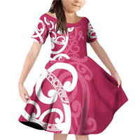 Breast Cancer Awareness Maori Family Matching Off Shoulder Short Dress and Hawaiian Shirt Koru Kowhaiwhai - Polynesian Pride