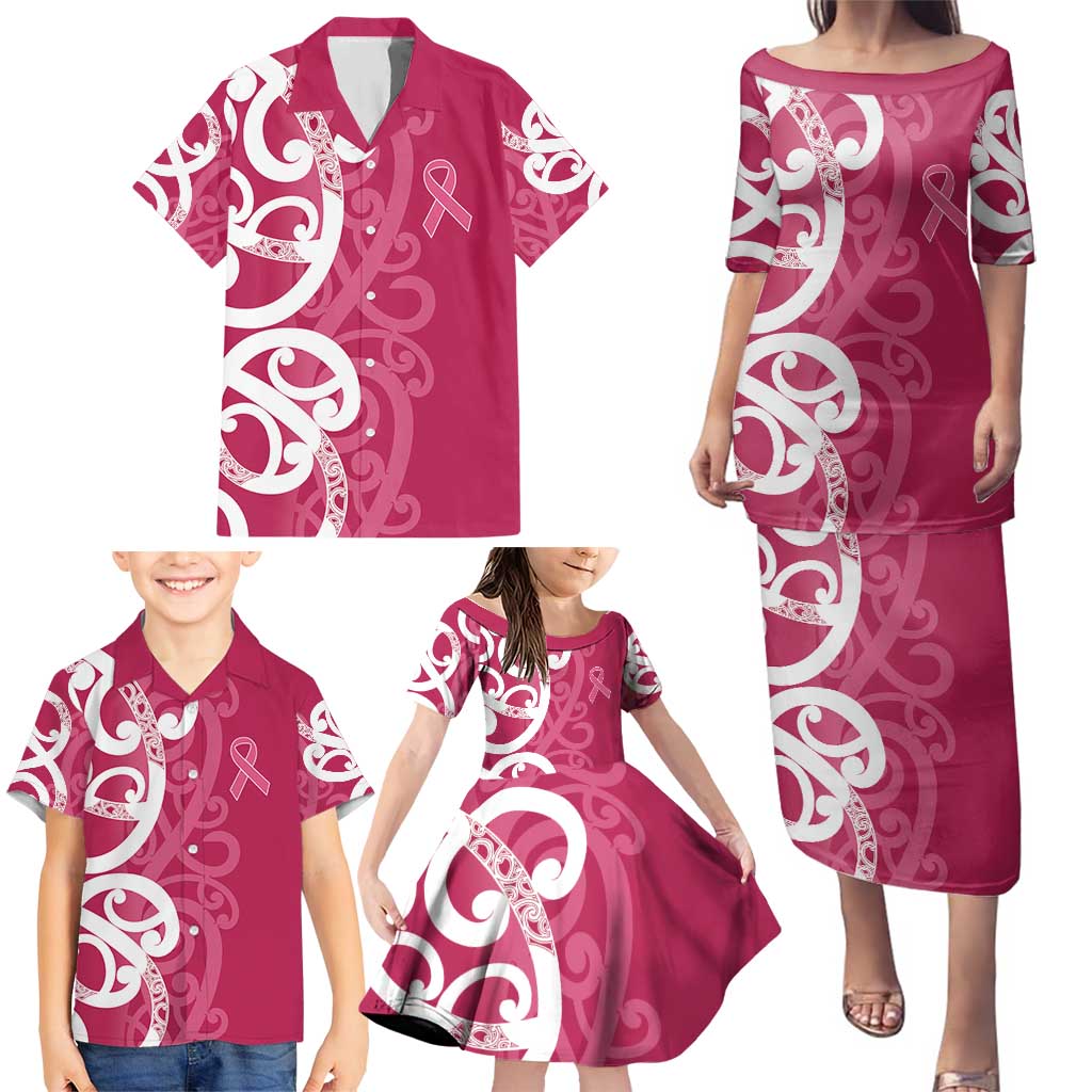 Breast Cancer Awareness Maori Family Matching Puletasi and Hawaiian Shirt Koru Kowhaiwhai - Polynesian Pride