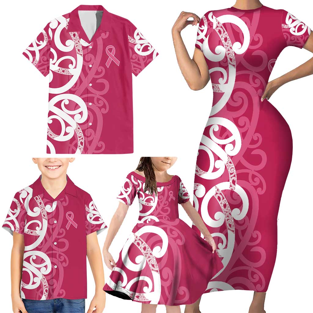 Breast Cancer Awareness Maori Family Matching Short Sleeve Bodycon Dress and Hawaiian Shirt Koru Kowhaiwhai - Polynesian Pride
