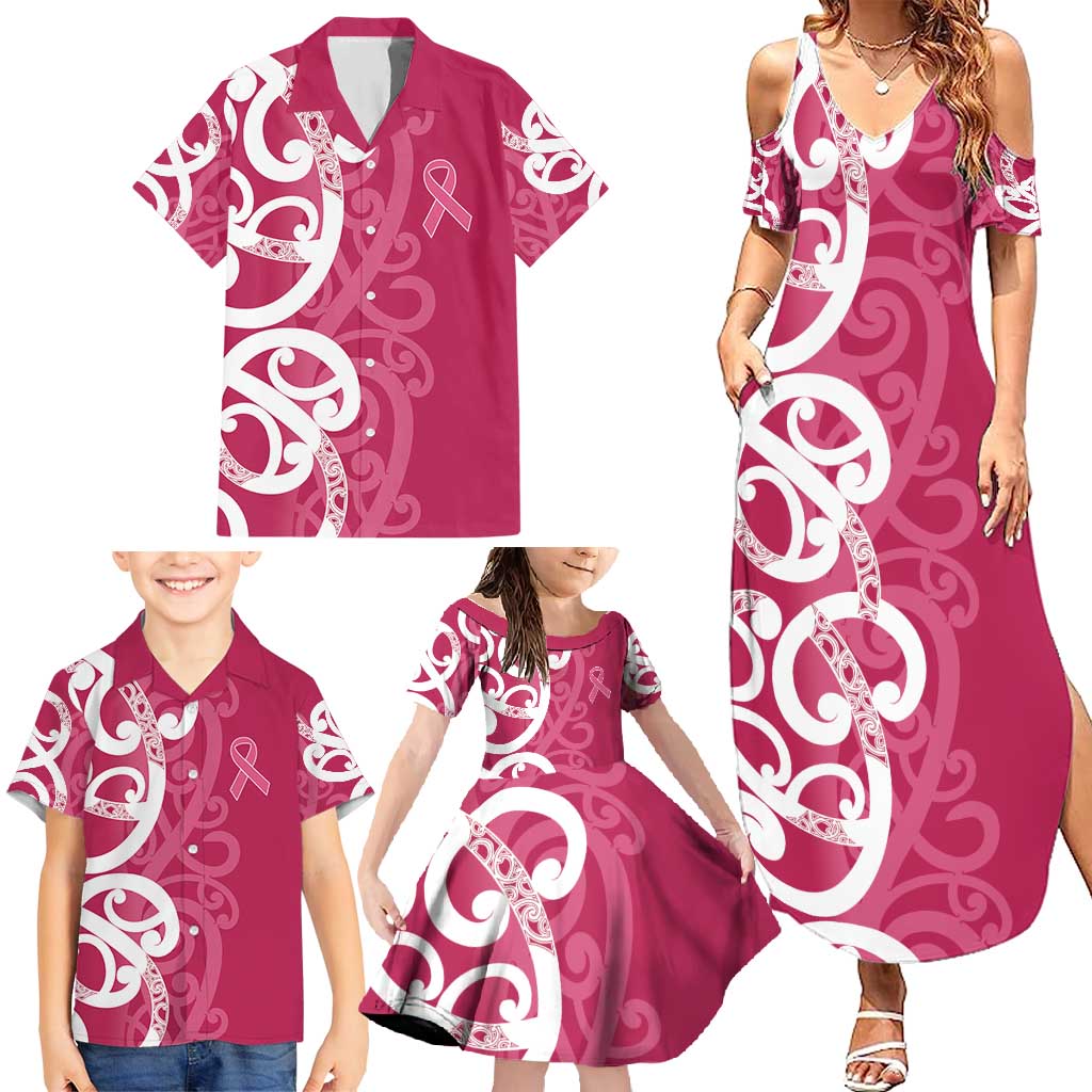 Breast Cancer Awareness Maori Family Matching Summer Maxi Dress and Hawaiian Shirt Koru Kowhaiwhai - Polynesian Pride