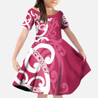 Breast Cancer Awareness Maori Kid Short Sleeve Dress Koru Kowhaiwhai - Polynesian Pride