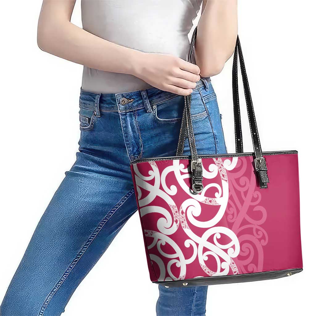 Breast Cancer Awareness Maori Leather Tote Bag Koru Kowhaiwhai - Polynesian Pride