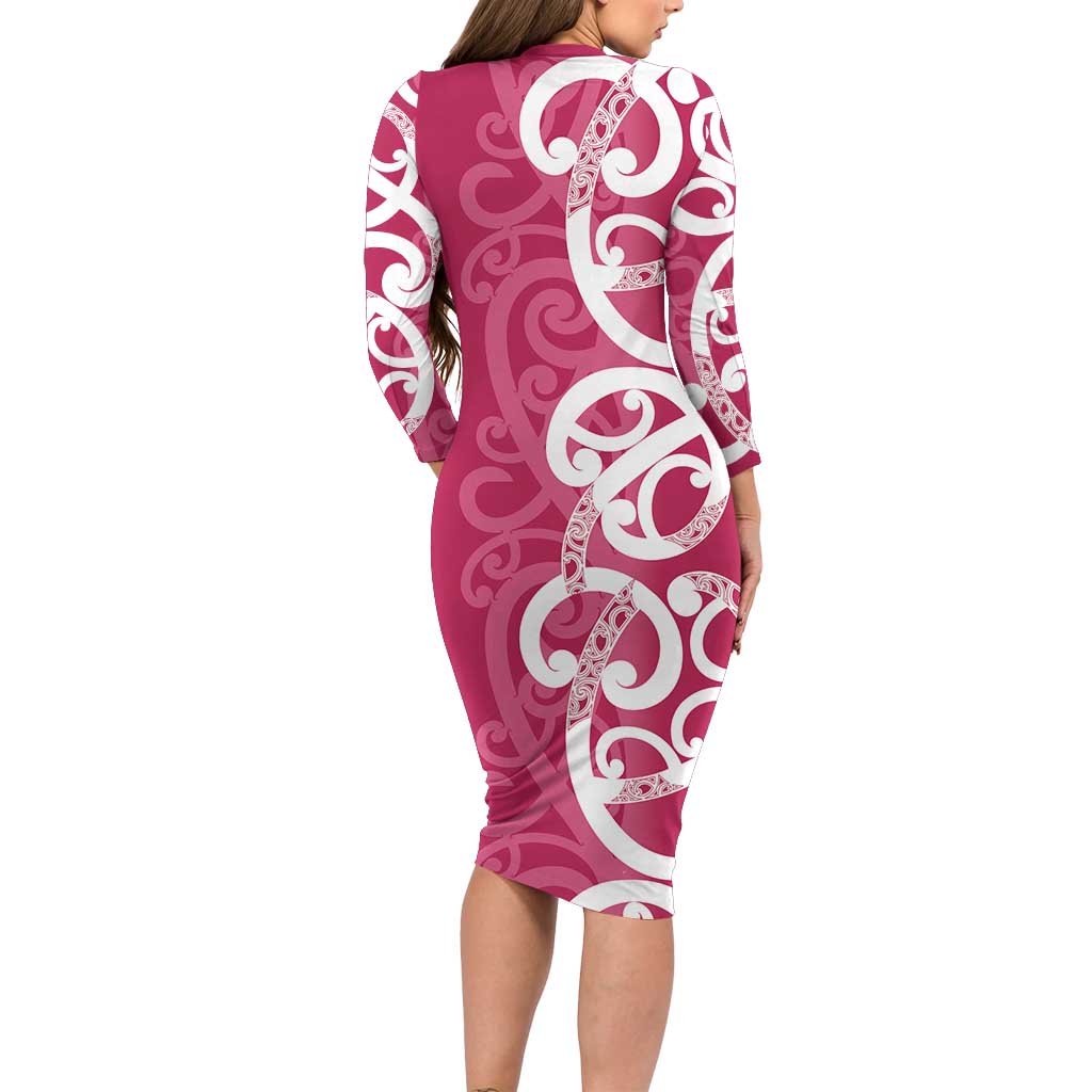 Breast Cancer Awareness Maori Long Sleeve Bodycon Dress Koru Kowhaiwhai - Polynesian Pride