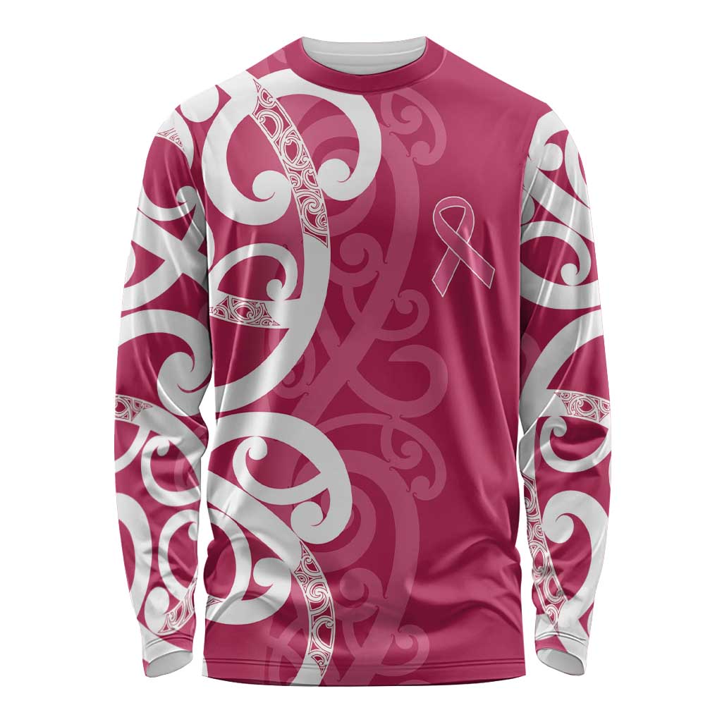 Breast Cancer Awareness Maori Long Sleeve Shirt Koru Kowhaiwhai - Polynesian Pride