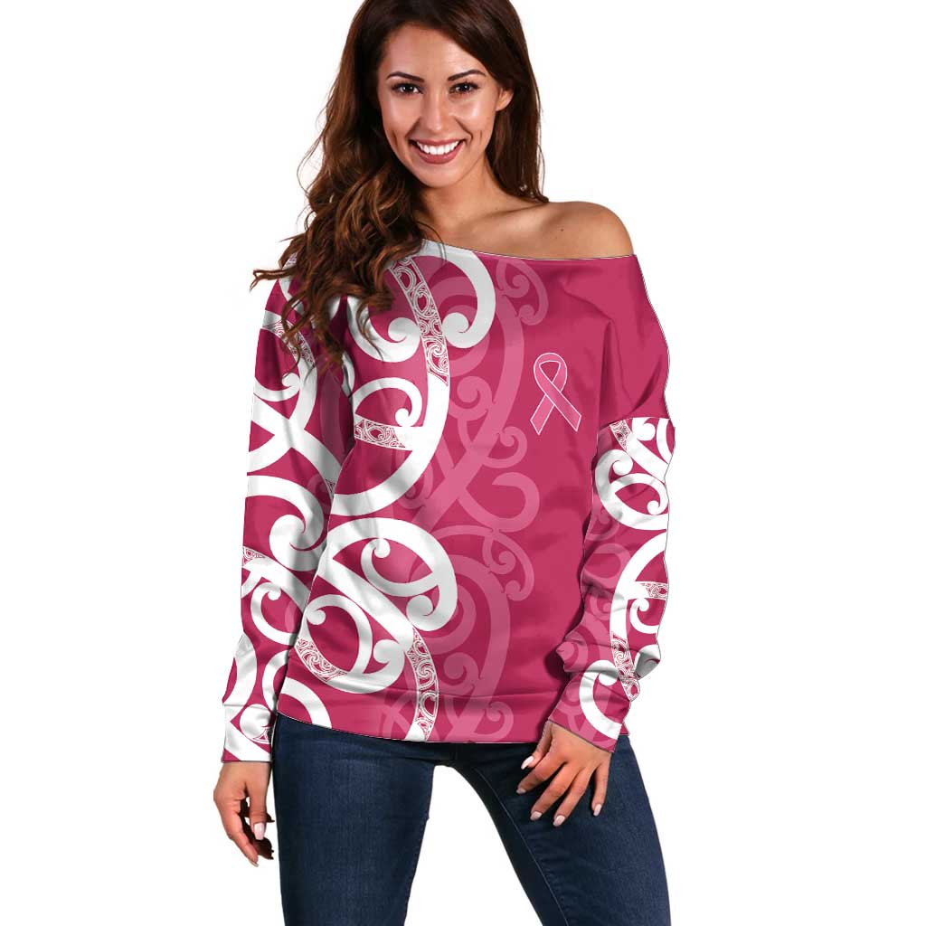 Breast Cancer Awareness Maori Off Shoulder Sweater Koru Kowhaiwhai - Polynesian Pride