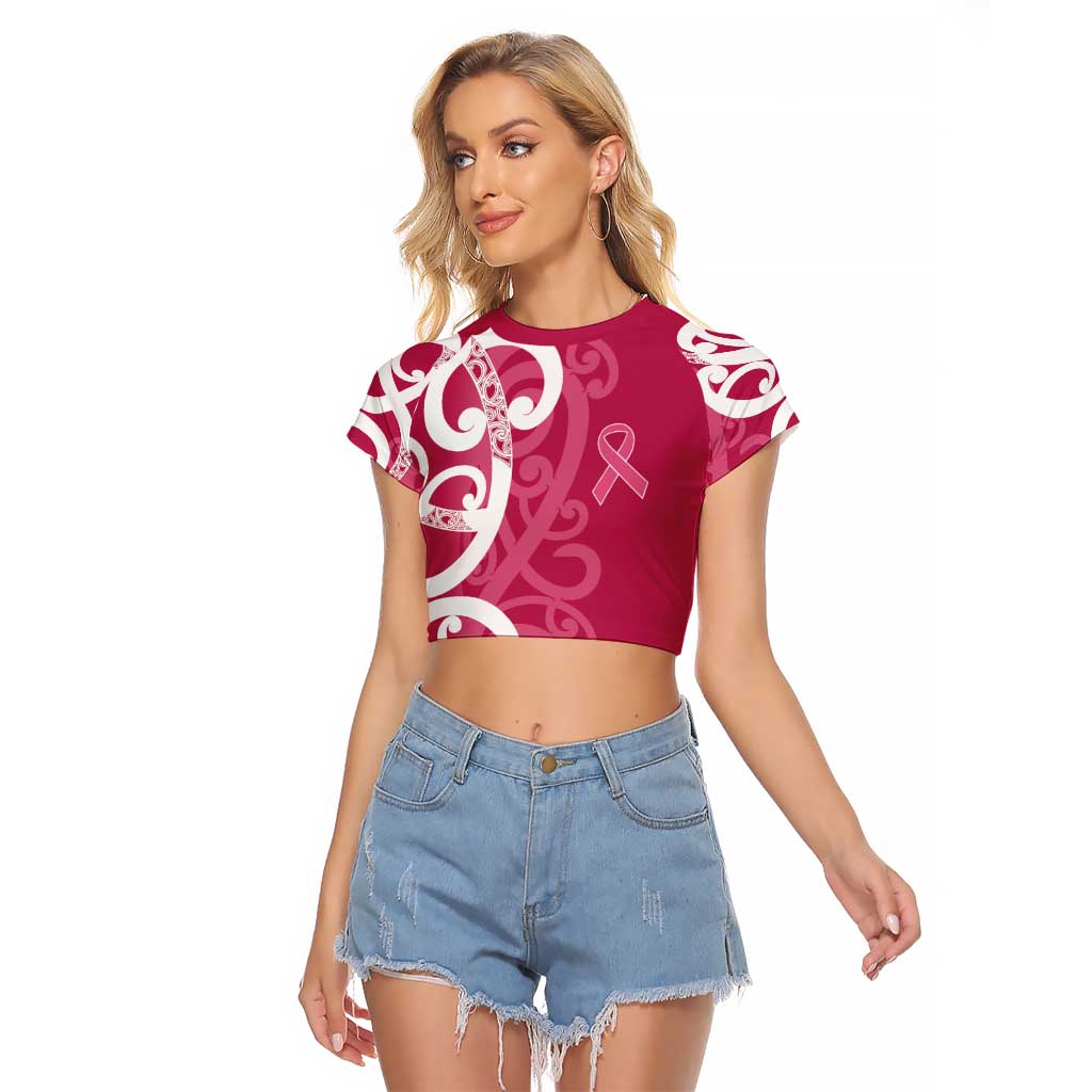 Breast Cancer Awareness Maori Raglan Cropped T Shirt Koru Kowhaiwhai - Polynesian Pride