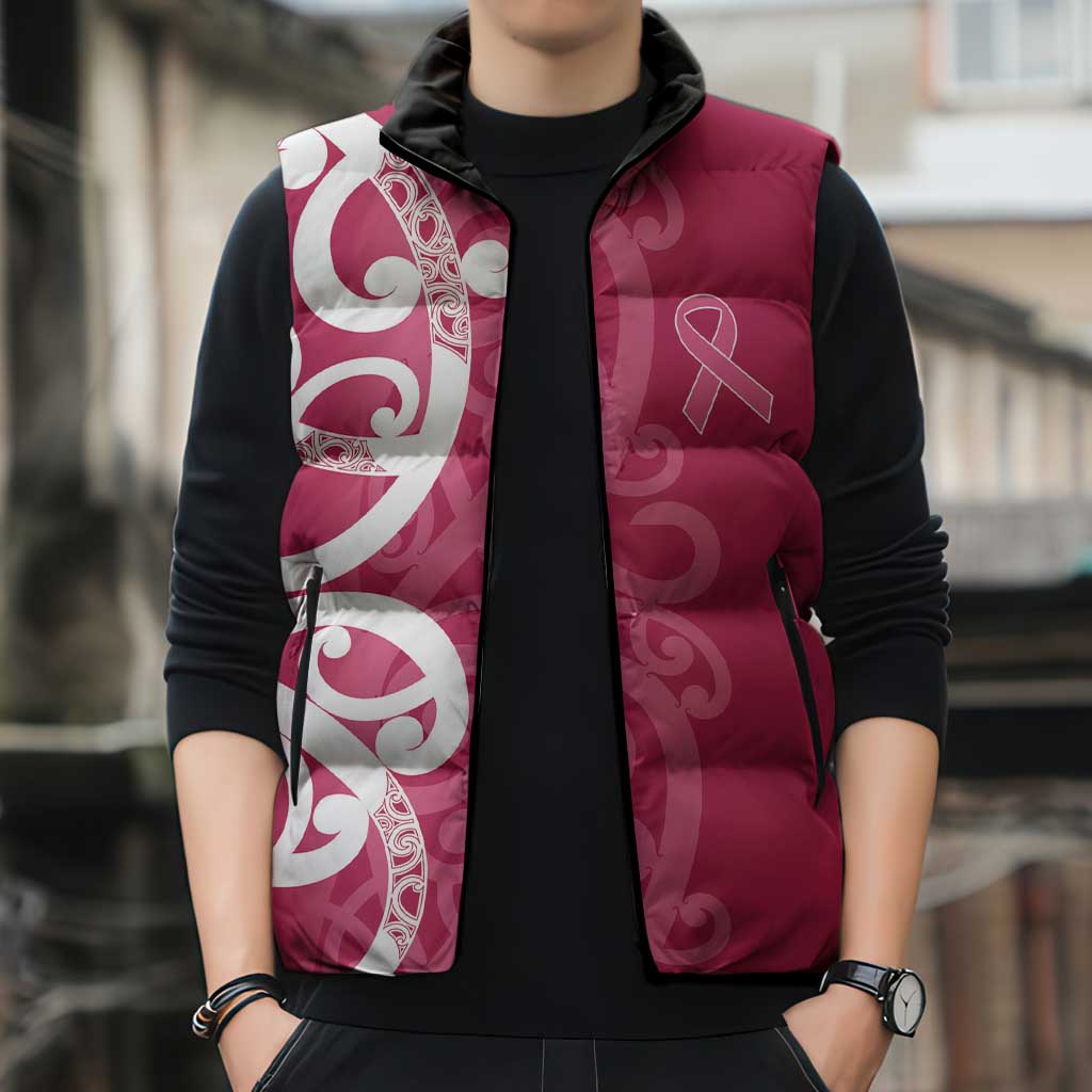 Breast Cancer Awareness Maori Sleeveless Puffer Jacket Koru Kowhaiwhai - Polynesian Pride