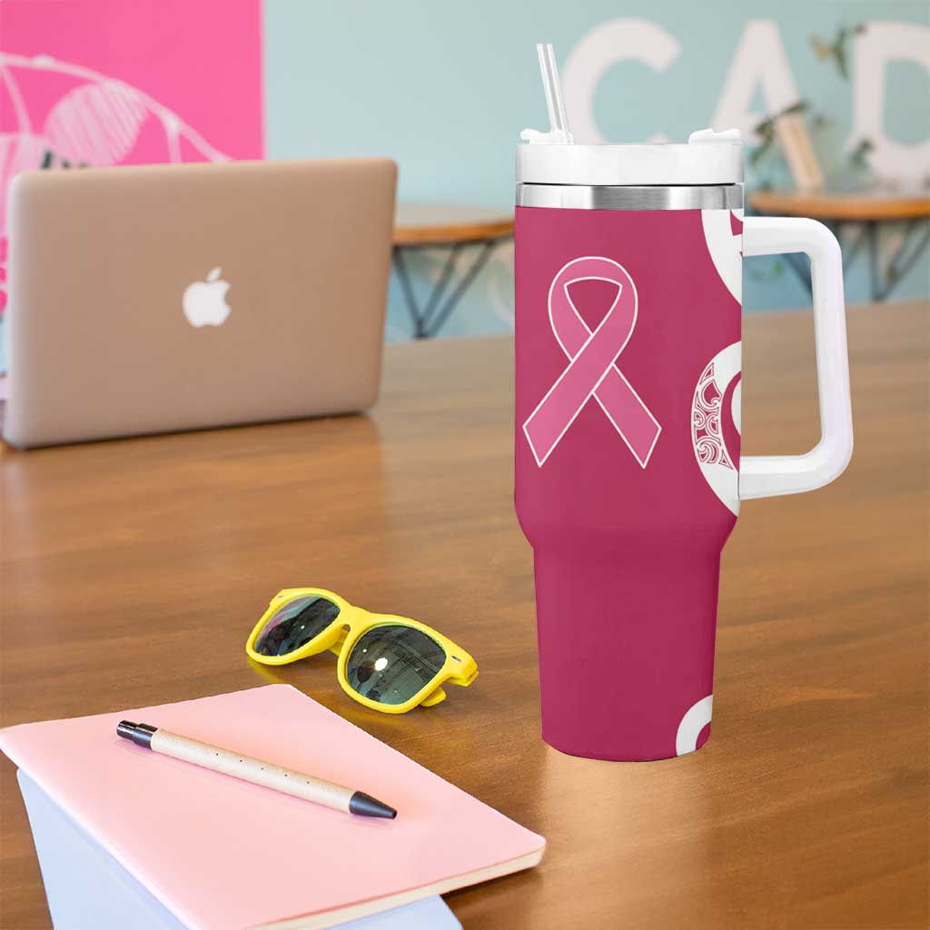 Breast Cancer Awareness Maori Tumbler With Handle Koru Kowhaiwhai - Polynesian Pride