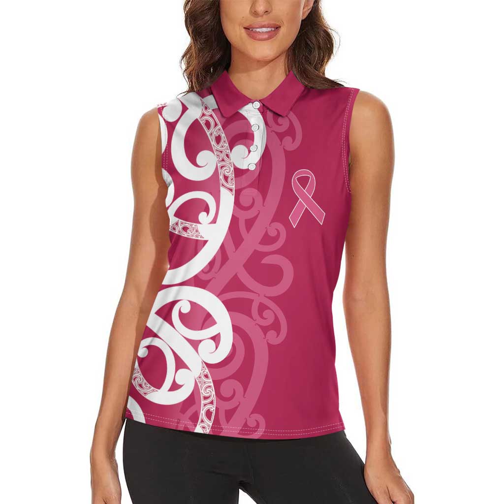 Breast Cancer Awareness Maori Women Sleeveless Polo Shirt Koru Kowhaiwhai - Polynesian Pride