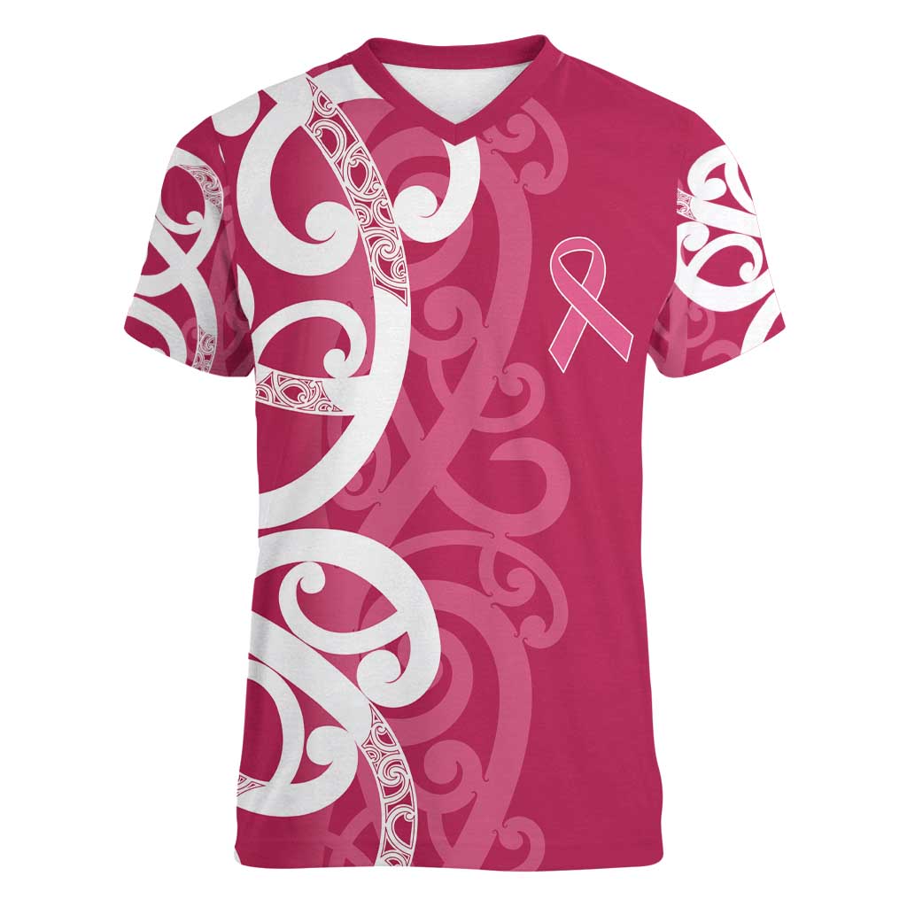 Breast Cancer Awareness Maori Women V-Neck T-Shirt Koru Kowhaiwhai - Polynesian Pride
