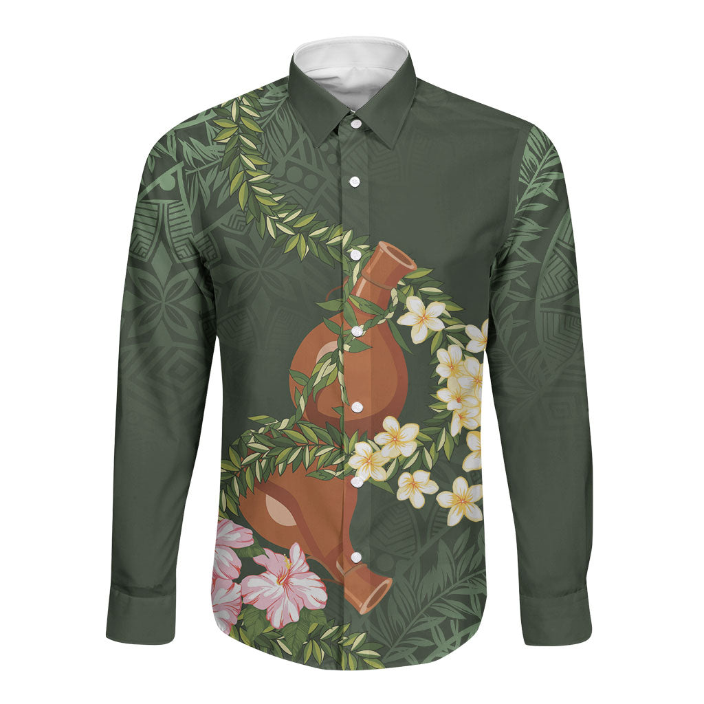 Aloha Hawaii Ipu Gourd Mix Maile Lei Long Sleeve Button Shirt Sage Green LT7 Unisex Sage Green - Polynesian Pride