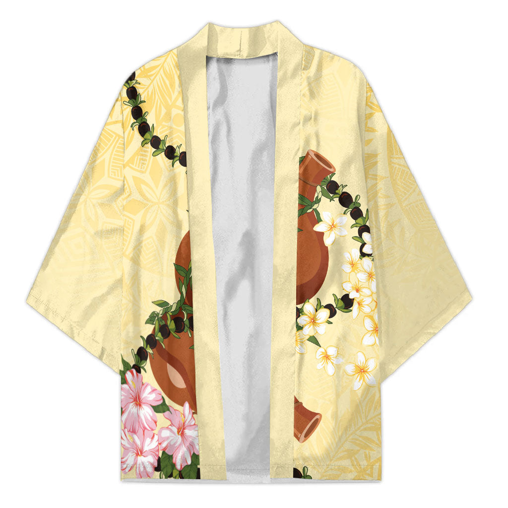 Aloha Hawaii Ipu Gourd Mix Kukui Nut Lei Kimono Lemon Yellow LT7 Unisex Lemon Yellow - Polynesian Pride