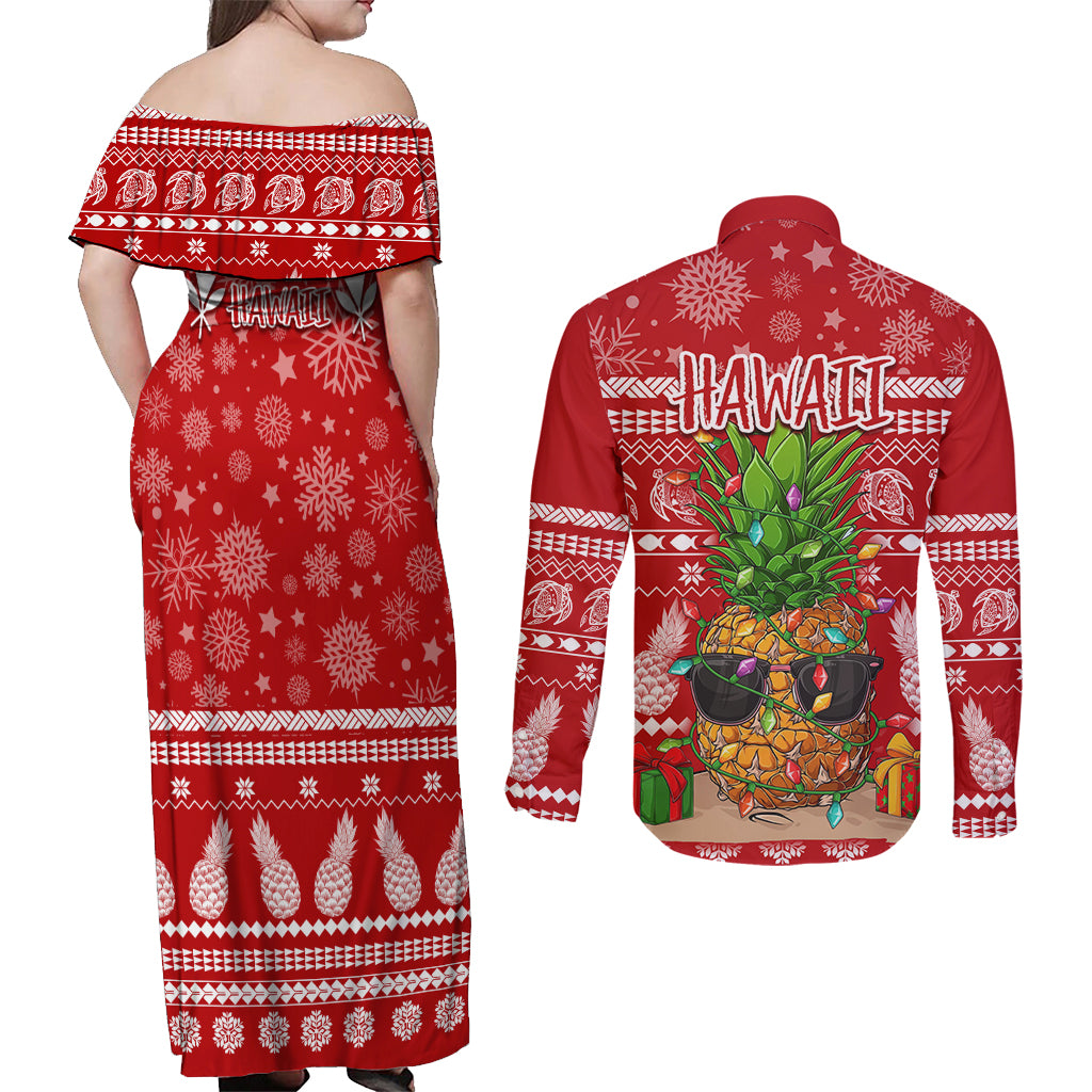Hawaii Pineapple Christmas Couples Matching Off Shoulder Maxi Dress and Long Sleeve Button Shirt Mele Kalikimaka LT7 - Polynesian Pride