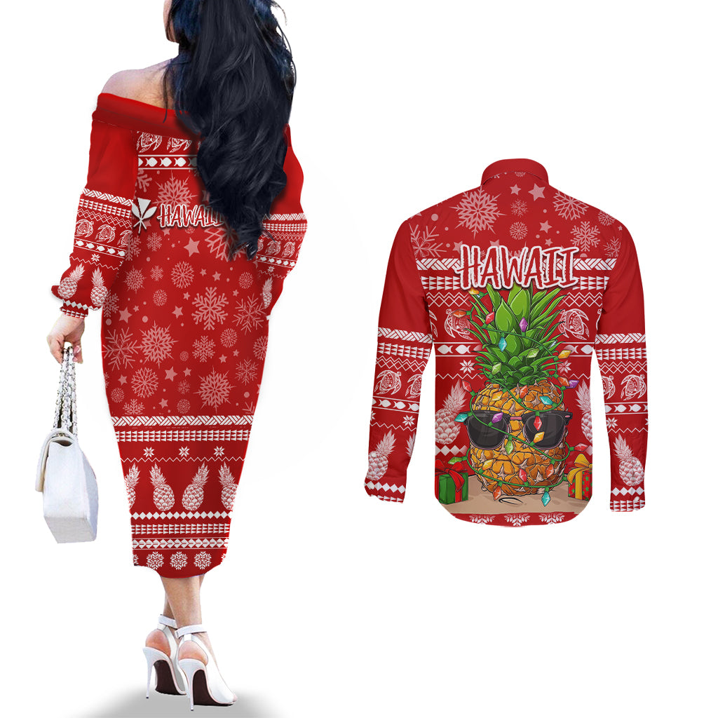 Hawaii Pineapple Christmas Couples Matching Off The Shoulder Long Sleeve Dress and Long Sleeve Button Shirt Mele Kalikimaka LT7 - Polynesian Pride