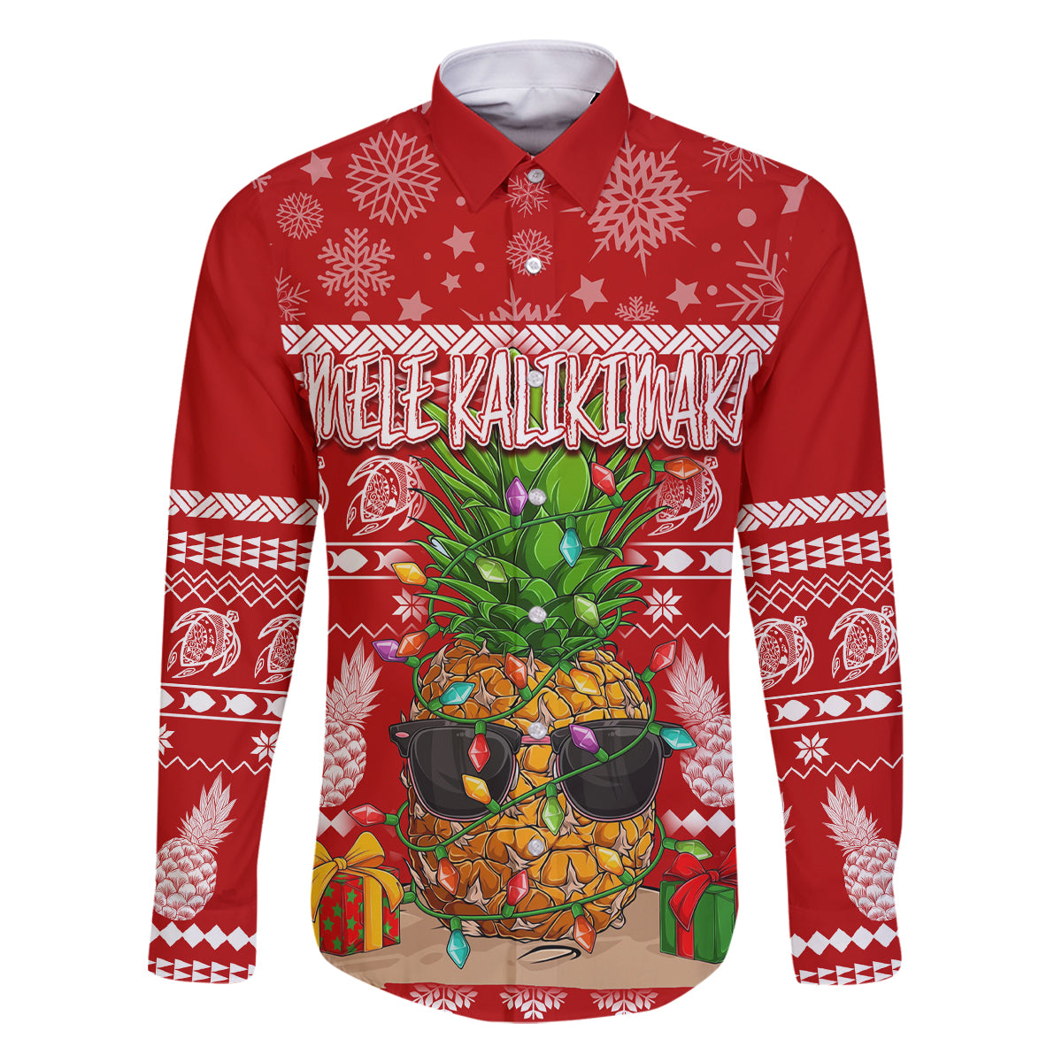 Hawaii Pineapple Christmas Family Matching Long Sleeve Bodycon Dress and Hawaiian Shirt Mele Kalikimaka LT7 Dad's Shirt - Long Sleeve Red - Polynesian Pride