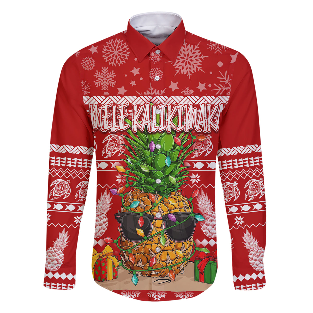 Hawaii Pineapple Christmas Family Matching Short Sleeve Bodycon Dress and Hawaiian Shirt Mele Kalikimaka LT7 Dad's Shirt - Long Sleeve Red - Polynesian Pride