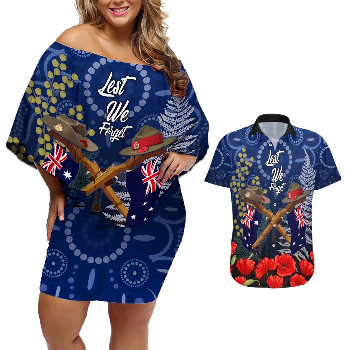 Anzac Couples Matching Off Shoulder Short Dress and Hawaiian Shirt Ausralia Aboriginal Mix New Zealand Slouch Hats LT7 Blue - Polynesian Pride