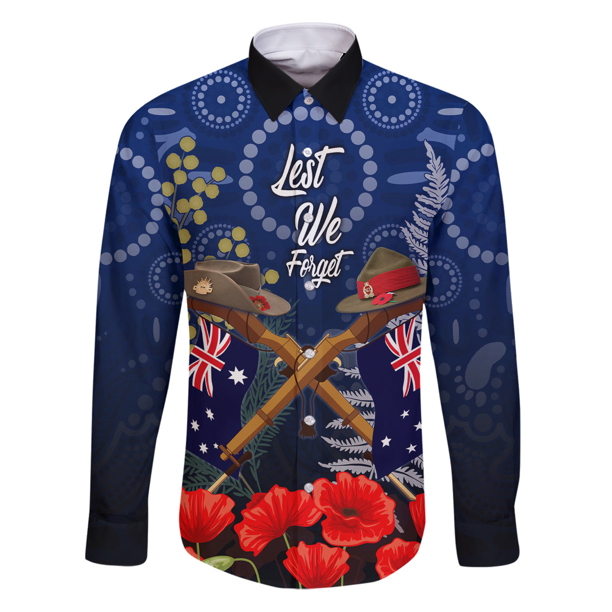 Anzac Family Matching Puletasi and Hawaiian Shirt Ausralia Aboriginal Mix New Zealand Slouch Hats LT7 Dad's Shirt - Long Sleeve Blue - Polynesian Pride