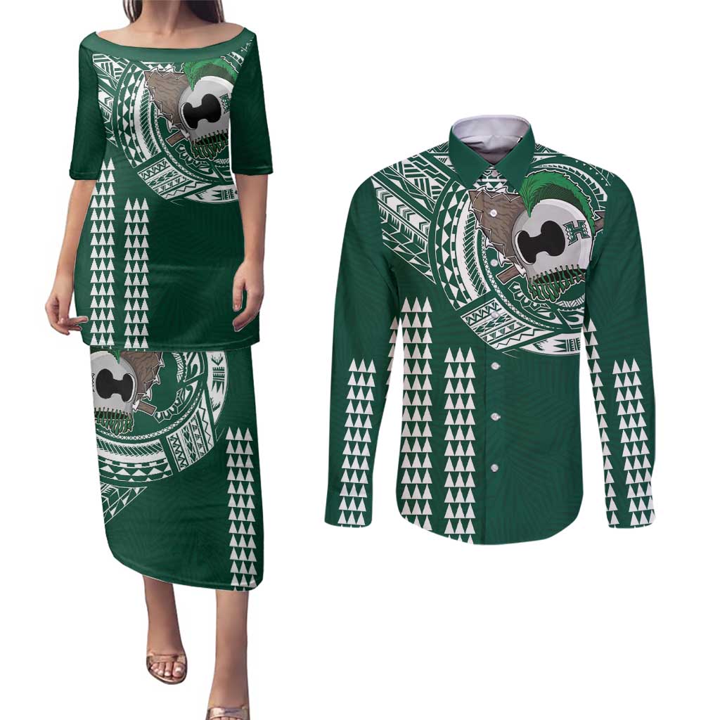 Hawaii Rainbow Warriors Personalized Couples Matching Puletasi and Long Sleeve Button Shirt Kakau Ikaika Laau Pama LT7 Green - Polynesian Pride