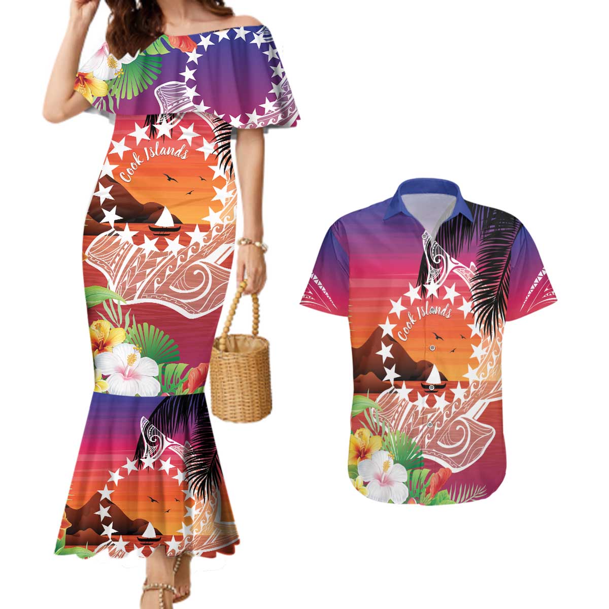 Kia Orana Cook Islands Couples Matching Mermaid Dress and Hawaiian Shirt Sunset Dream