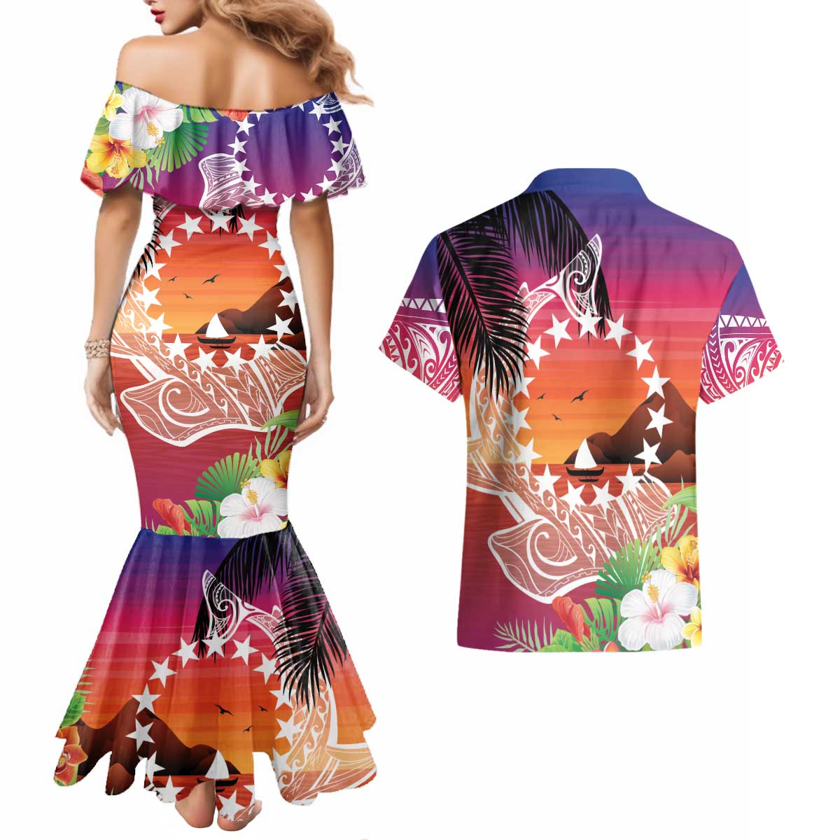 Kia Orana Cook Islands Couples Matching Mermaid Dress and Hawaiian Shirt Sunset Dream
