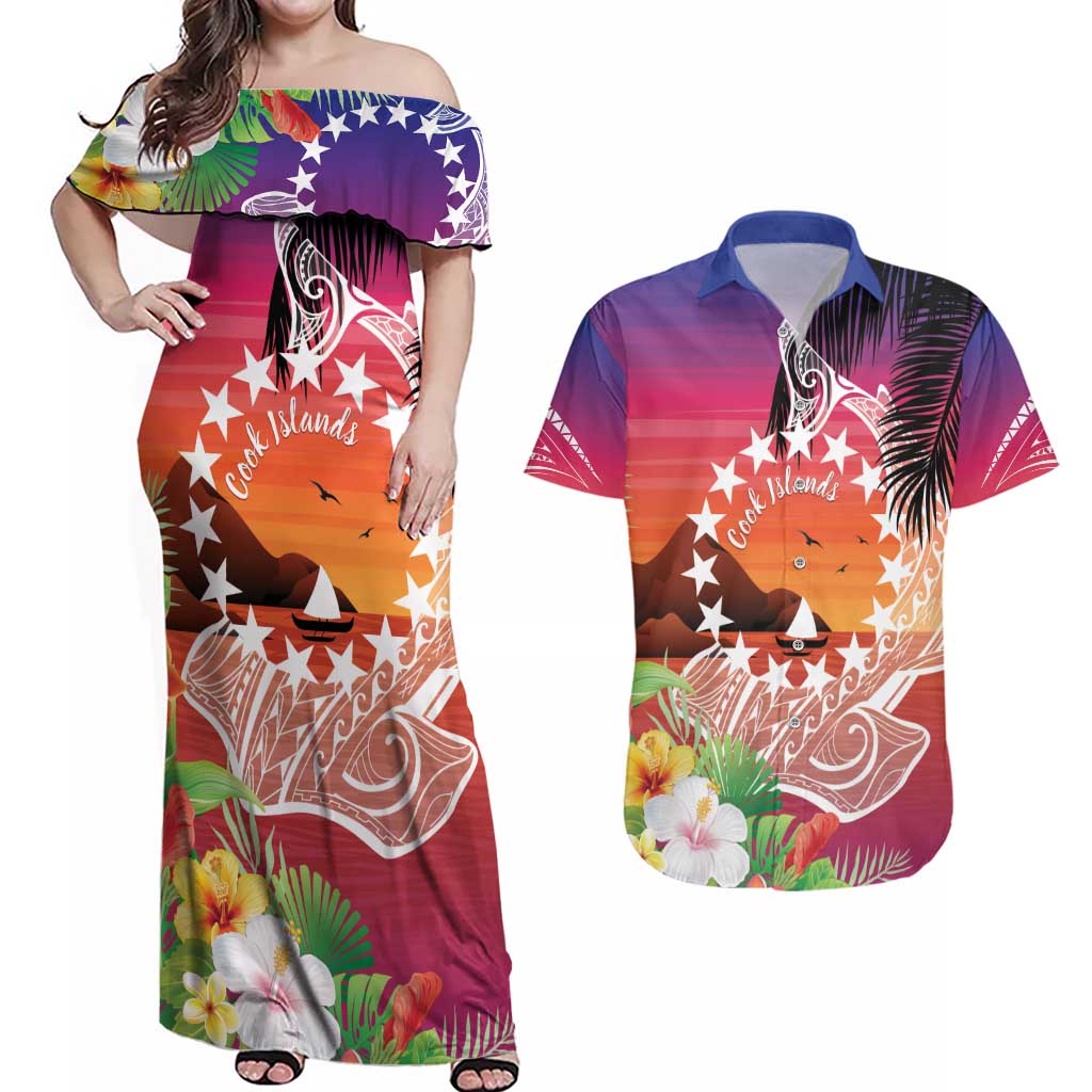 Kia Orana Cook Islands Couples Matching Off Shoulder Maxi Dress and Hawaiian Shirt Sunset Dream