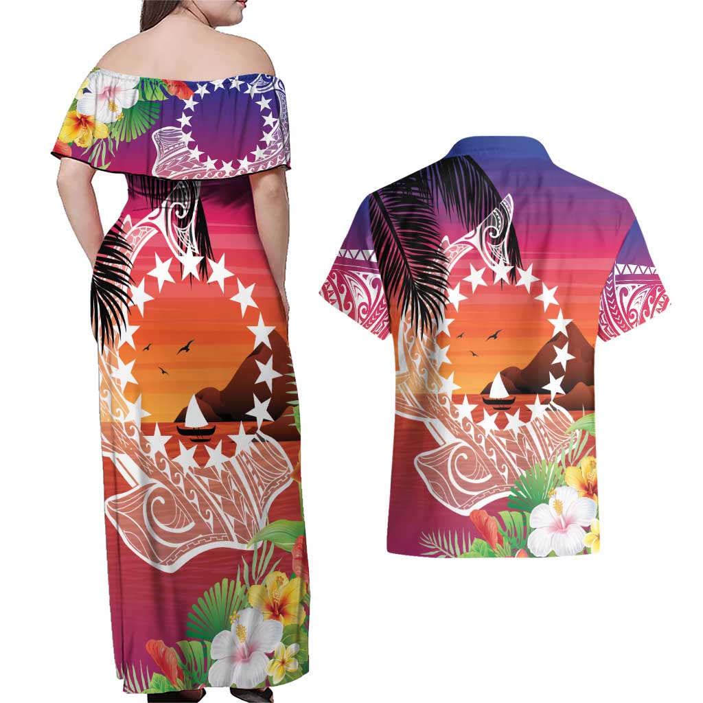 Kia Orana Cook Islands Couples Matching Off Shoulder Maxi Dress and Hawaiian Shirt Sunset Dream