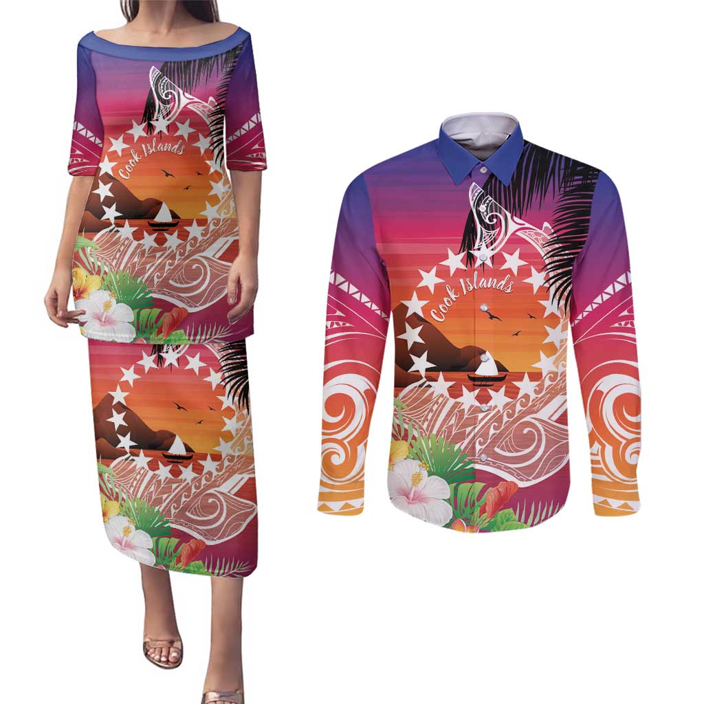 Kia Orana Cook Islands Couples Matching Puletasi and Long Sleeve Button Shirt Sunset Dream LT7 Art - Polynesian Pride