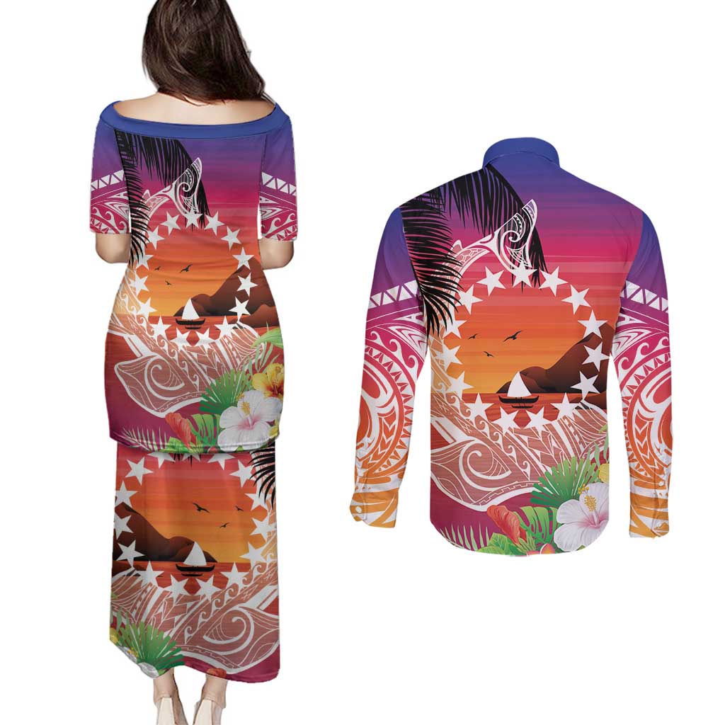 Kia Orana Cook Islands Couples Matching Puletasi and Long Sleeve Button Shirt Sunset Dream LT7 - Polynesian Pride