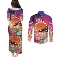 Kia Orana Cook Islands Couples Matching Puletasi and Long Sleeve Button Shirt Sunset Dream LT7 - Polynesian Pride