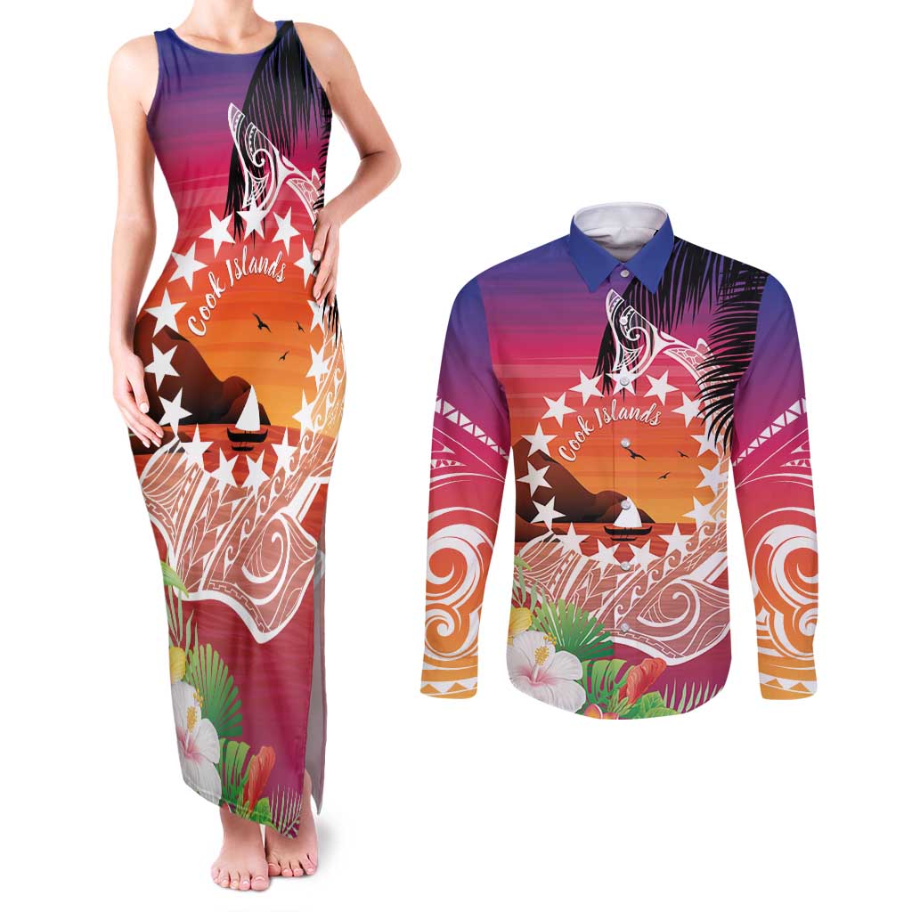 Kia Orana Cook Islands Couples Matching Tank Maxi Dress and Long Sleeve Button Shirt Sunset Dream LT7 Art - Polynesian Pride