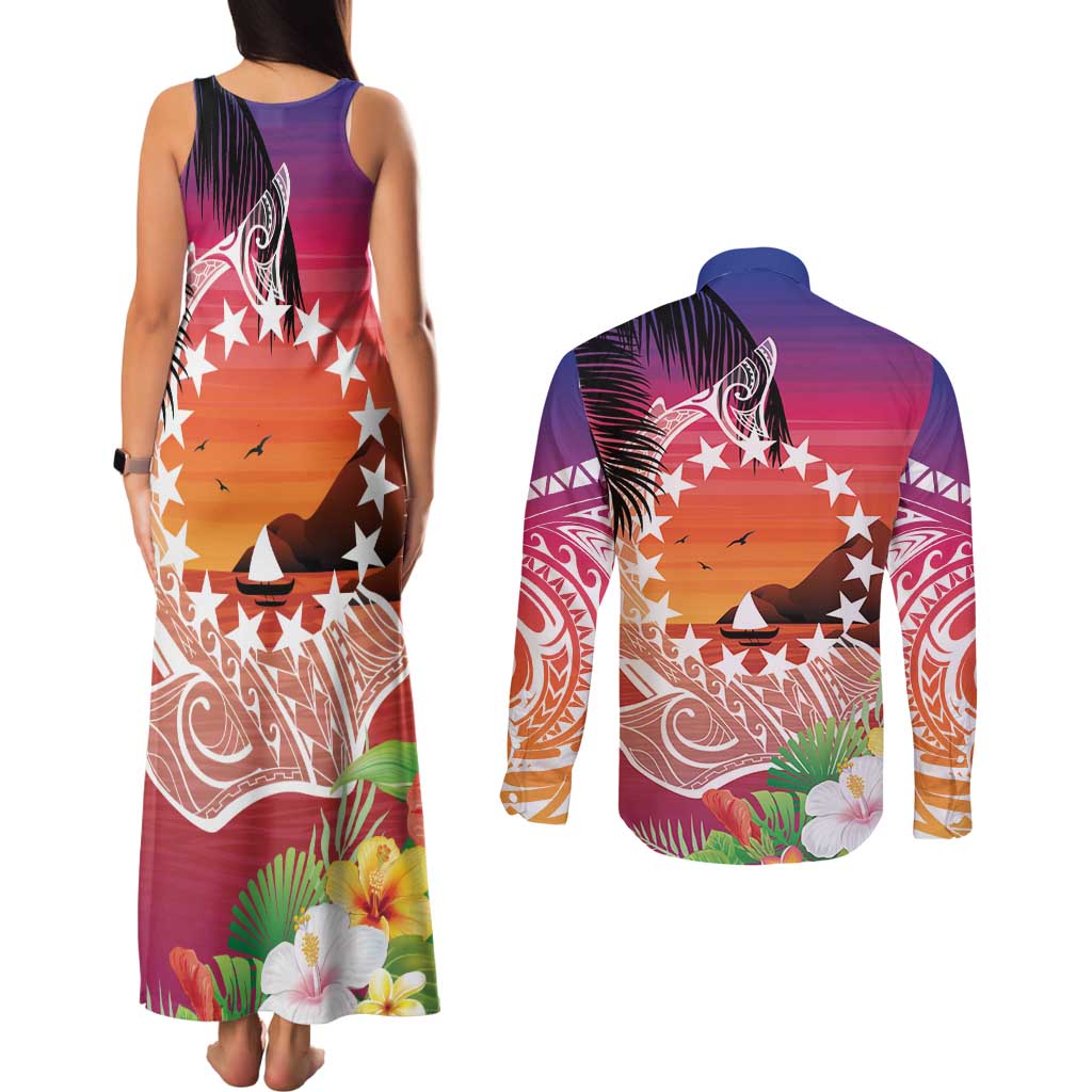 Kia Orana Cook Islands Couples Matching Tank Maxi Dress and Long Sleeve Button Shirt Sunset Dream LT7 - Polynesian Pride